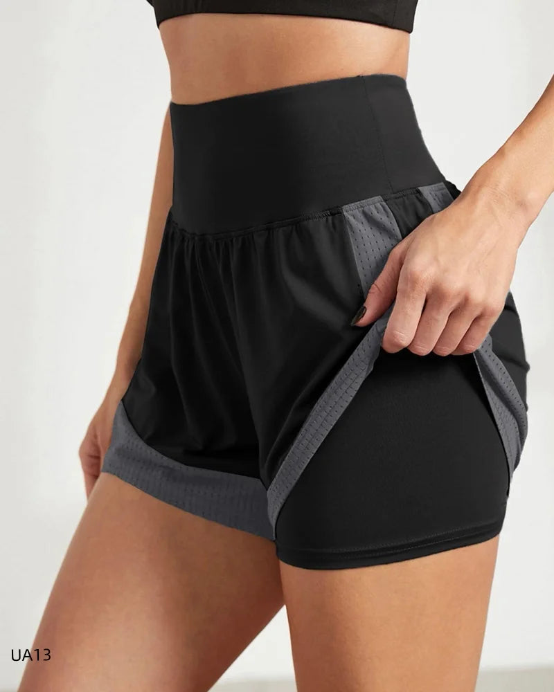 Women's High-Waist Elastic Sports Shorts  2-in-1 Quick-Dry Breathable Yoga Running Training Fitness Shorts